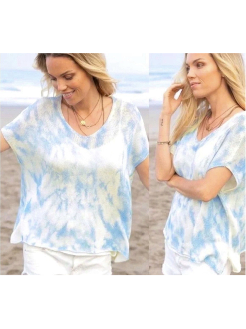 WOODEN SHIPS Women’s Cotton Blue Marbled Knit Short Sleeve Sweater Size X/S